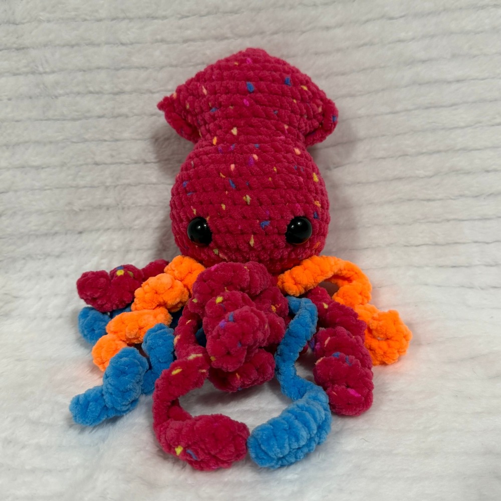 Handmade Crochet Squid Plushie Magenta Chenille Amigurumi Stuffed Animal